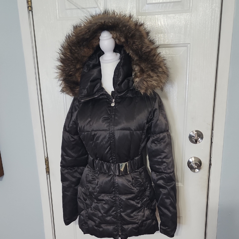 Laundry By Shelli Segal Dark Puffer Jacket with Faux Fur Trim - Picture 1 of 14